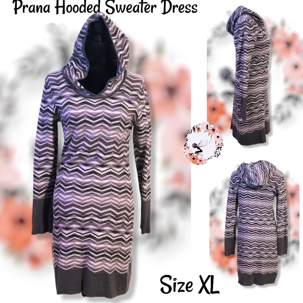 💕SOLD! Prana Meryl Gray Chevron Striped Hooded Sweater Dress size XL - Picture 1 of 8